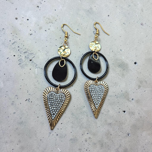 Upcycled Blingy Golden Hearts with Black Hoop Accents Dangle Earrings