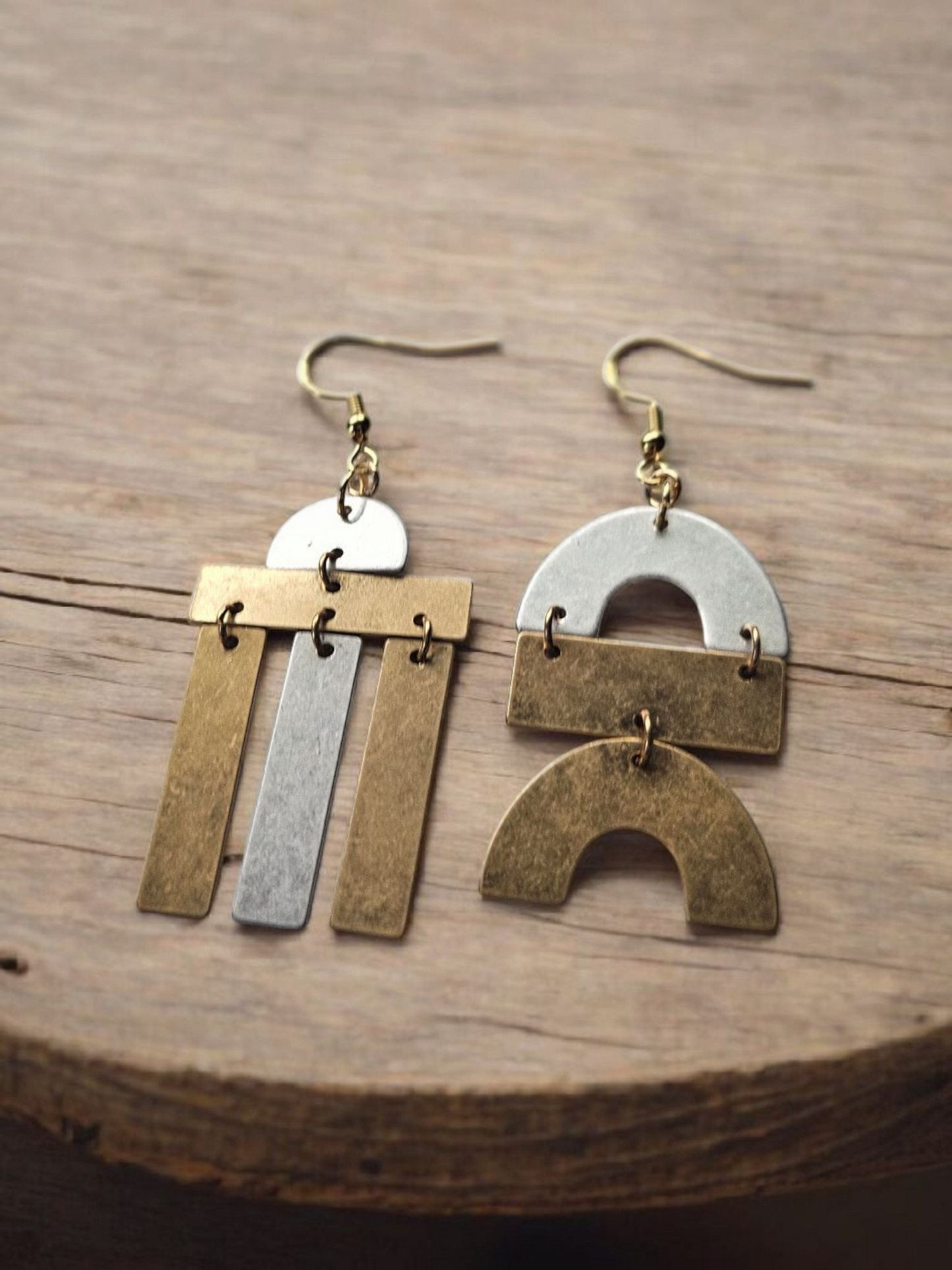 Hammered Gold and Silver Asymmetrical Geometric Shapes Dangle Earrings