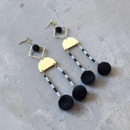 Upcycled Abstract Golden Stud Dangle Earrings with Furry Black Puffs