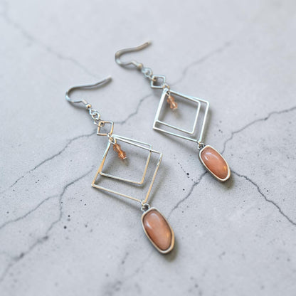 Silver Geometric Dangle Earrings with Peach Stones