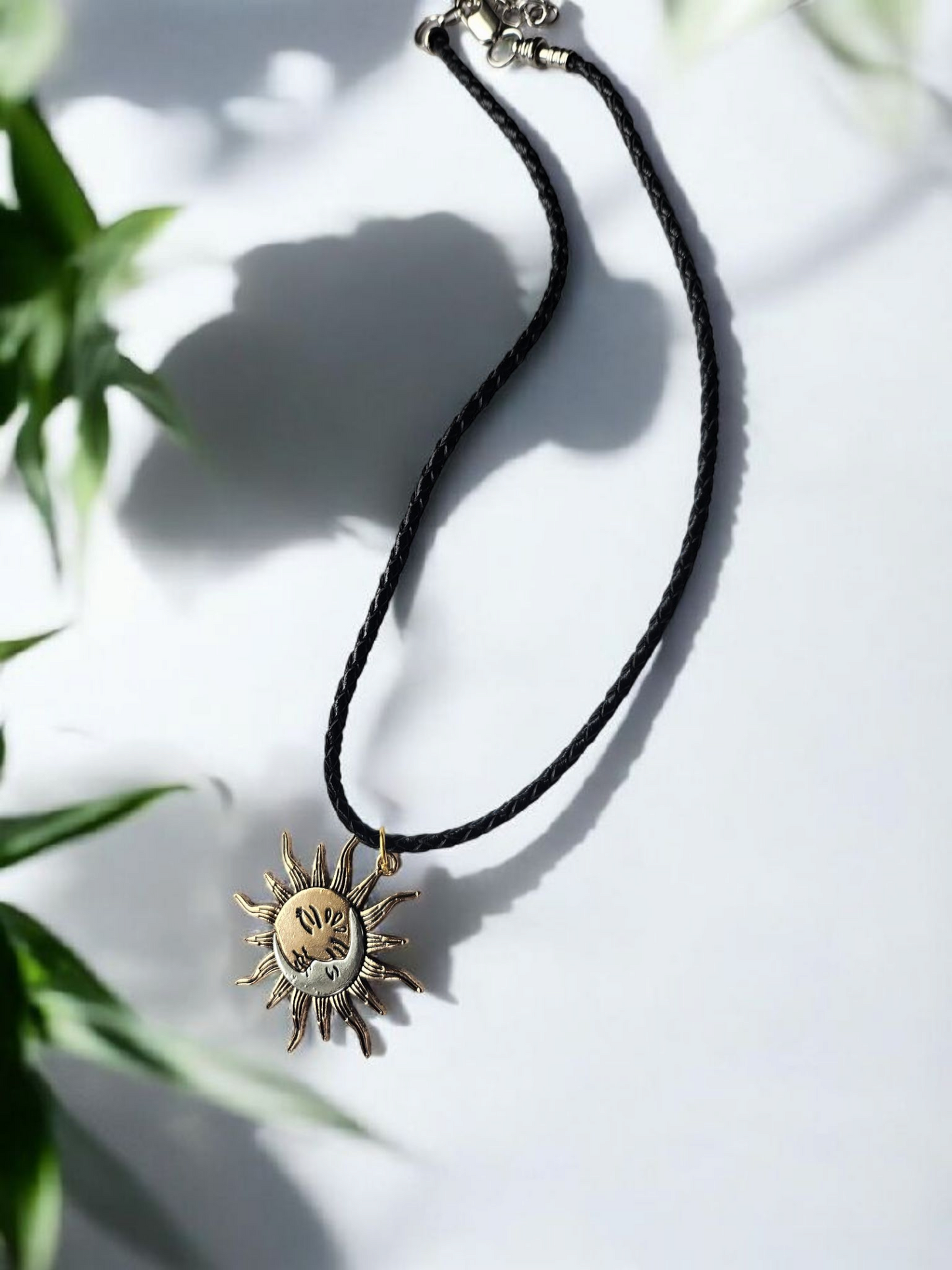Two Face Sun and Moon Braided Leather 16" Necklace
