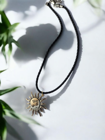 Two Face Sun and Moon Braided Leather 16" Necklace