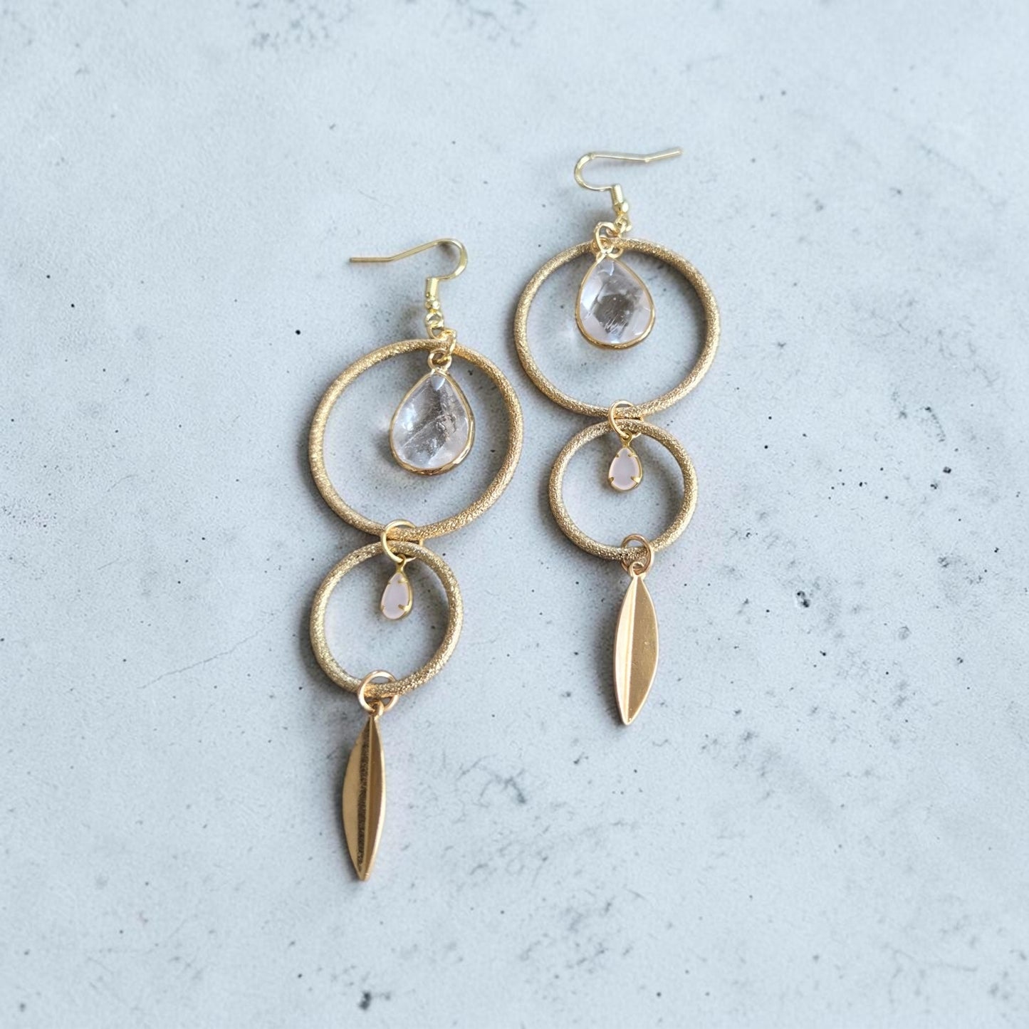 Golden Circles with Clear Quartz and Rose Quartz Teardrops Dangle Earrings