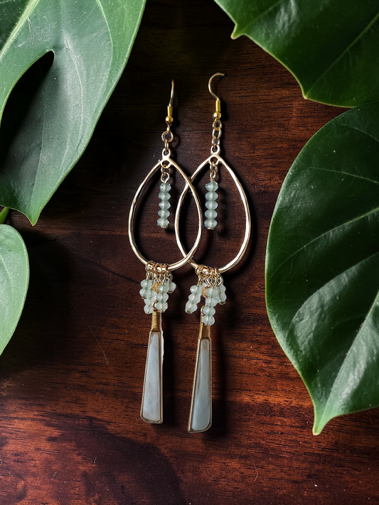 Upcycled Golden Teardrop Earrings with Teal Bead Dangles and Charms