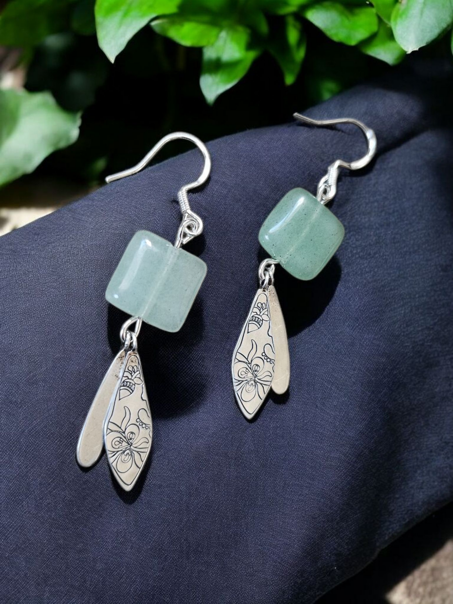 Upcycled Square Aventurine Gemstone with Silver Charms Petite Dangle Earrings