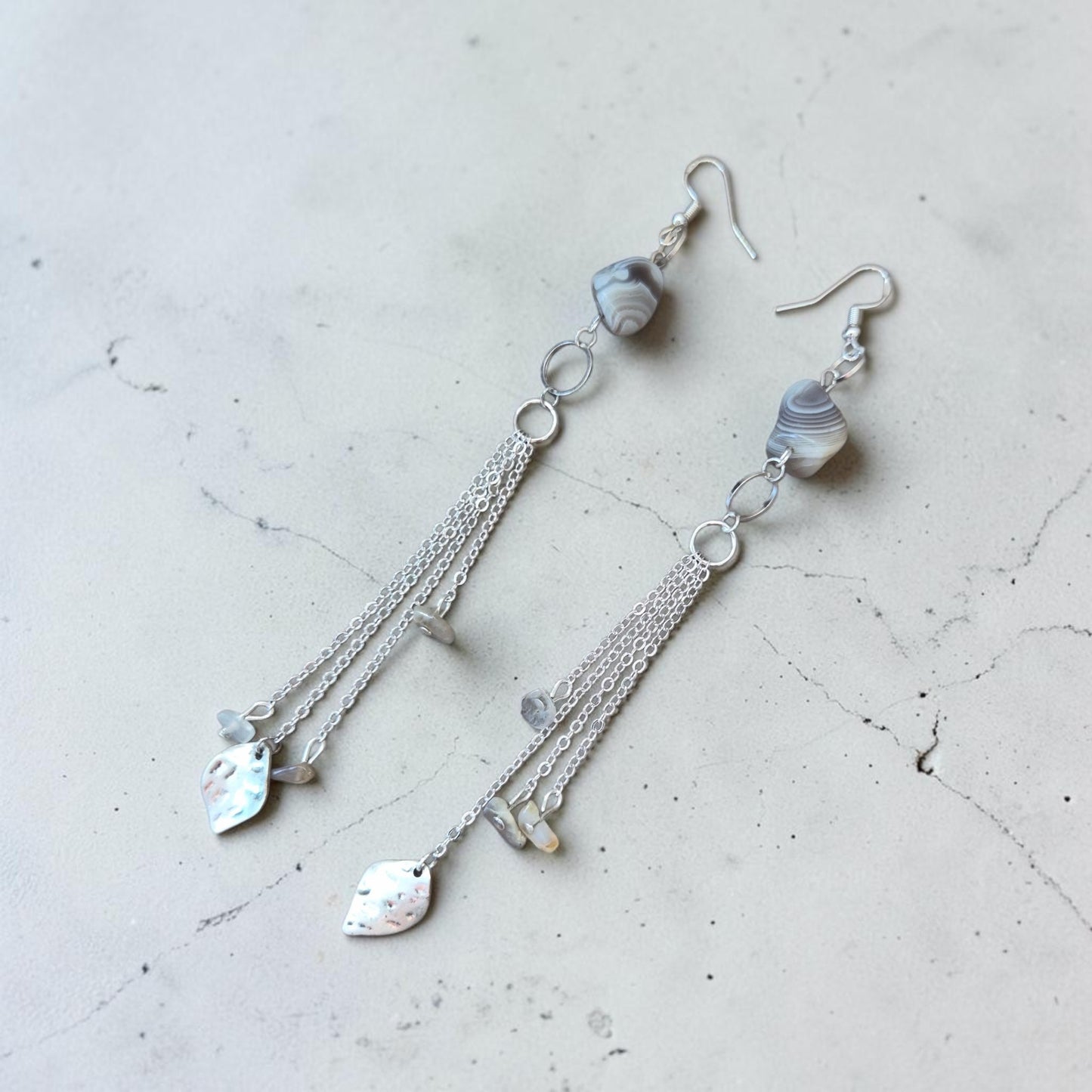 Brazil Agates on Silver Dangle Earrings with Agate Beaded Tassels