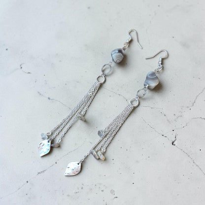 Brazil Agates on Silver Dangle Earrings with Agate Beaded Tassels