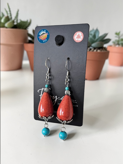 Upcycled Marbled Orange Teardrop Beads with Turquoise Dangles and Silver Accents Dangle Earrings