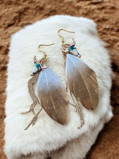 Colorful Bull Skull and Gold and White Feather Earrings