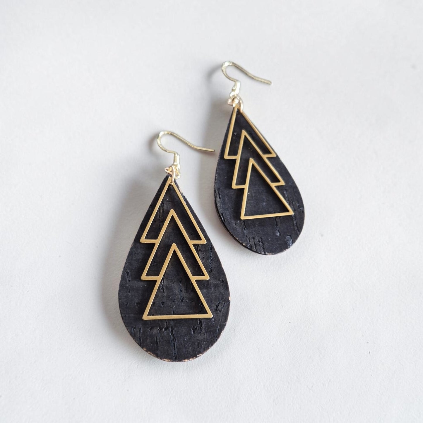 Upcycled Black Leather with Golden Trees Dangle Earrings