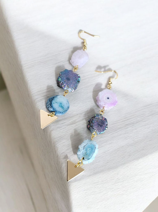 Blue, Pink and Purple Druzy Quartz Dangle Earrings
