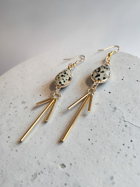 Dalmatian Jasper Teardrop Gemstone Dangle Earrings with Golden Bar Dangles