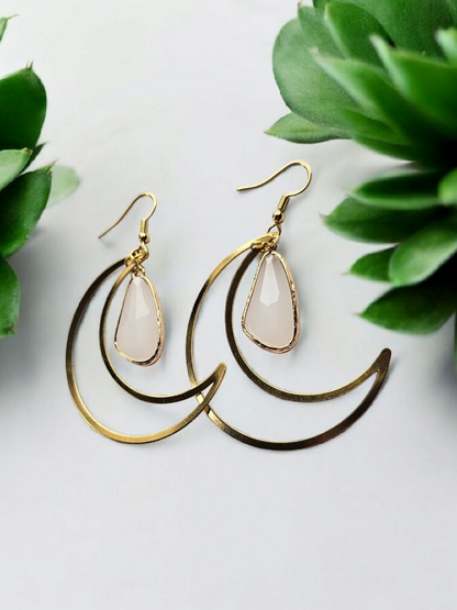 Large Brass Moons with Rose Quartz Teardrop Dangle Earrings