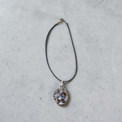 Tumbled Montana Moss Agate in Teardrop Resin Pendant on Black Leather Necklace