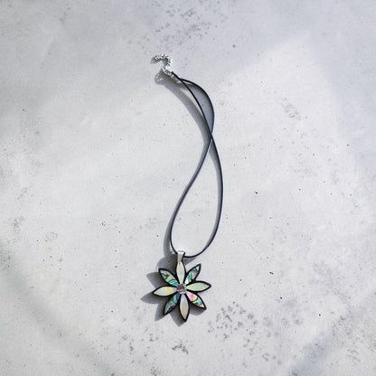 Mother of Pearl and Abalone Flower Pendant on Black Leather Cord Necklace