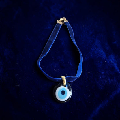 Glass Evil Eye on Blue Velvet Choker