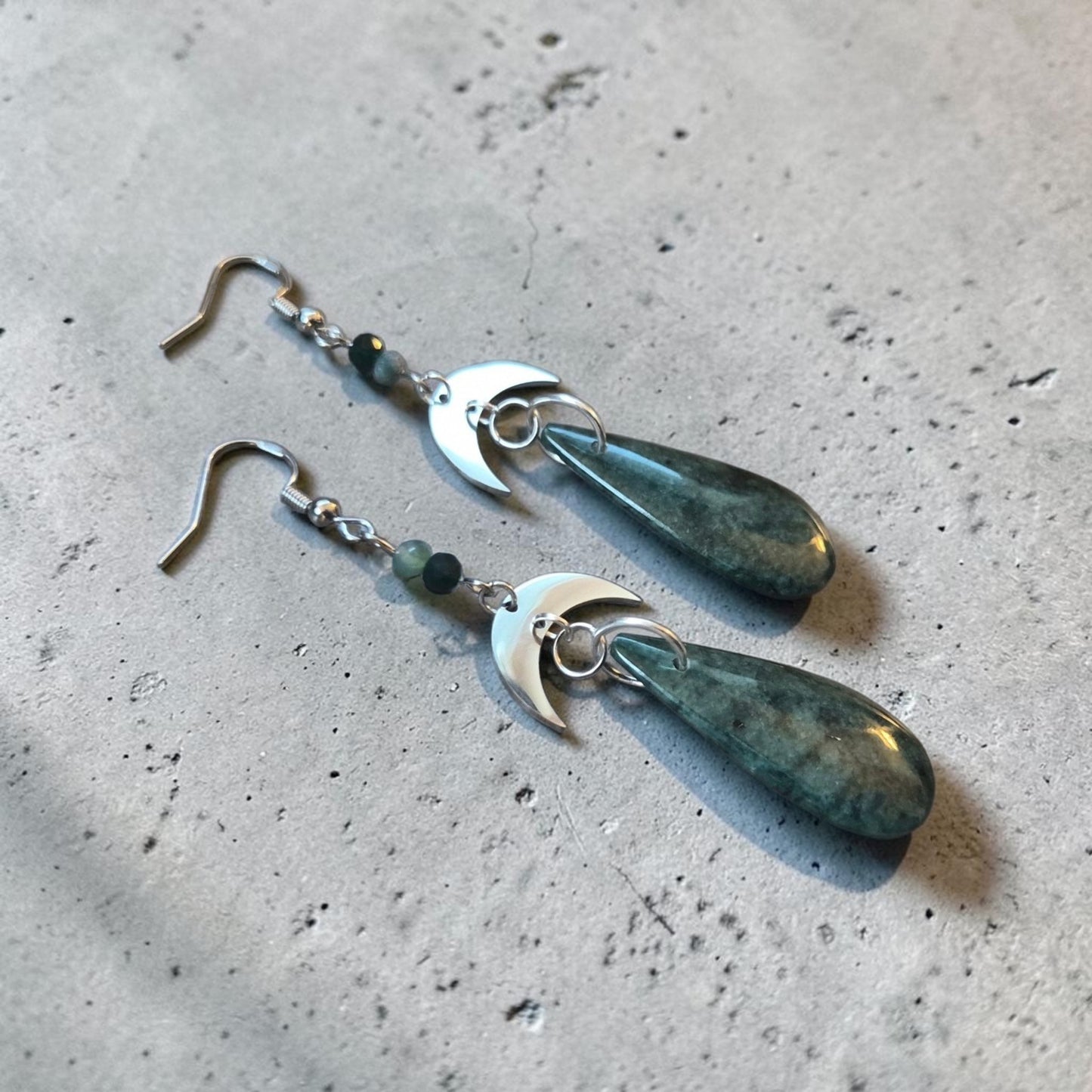 Silver Crescent Moons with Forest Green Teardrops Upcycled Dangle Earrings