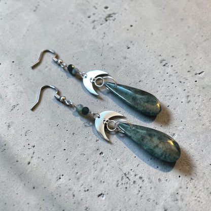 Silver Crescent Moons with Forest Green Teardrops Upcycled Dangle Earrings