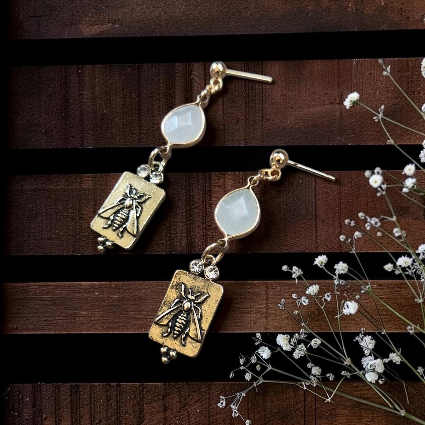 Milky Quartz Stones with Brass Hornets Stud Dangle Earrings