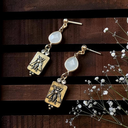 Milky Quartz Stones with Brass Hornets Stud Dangle Earrings