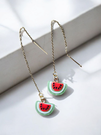 Watermelon Threader Earrings on Gold Dangle