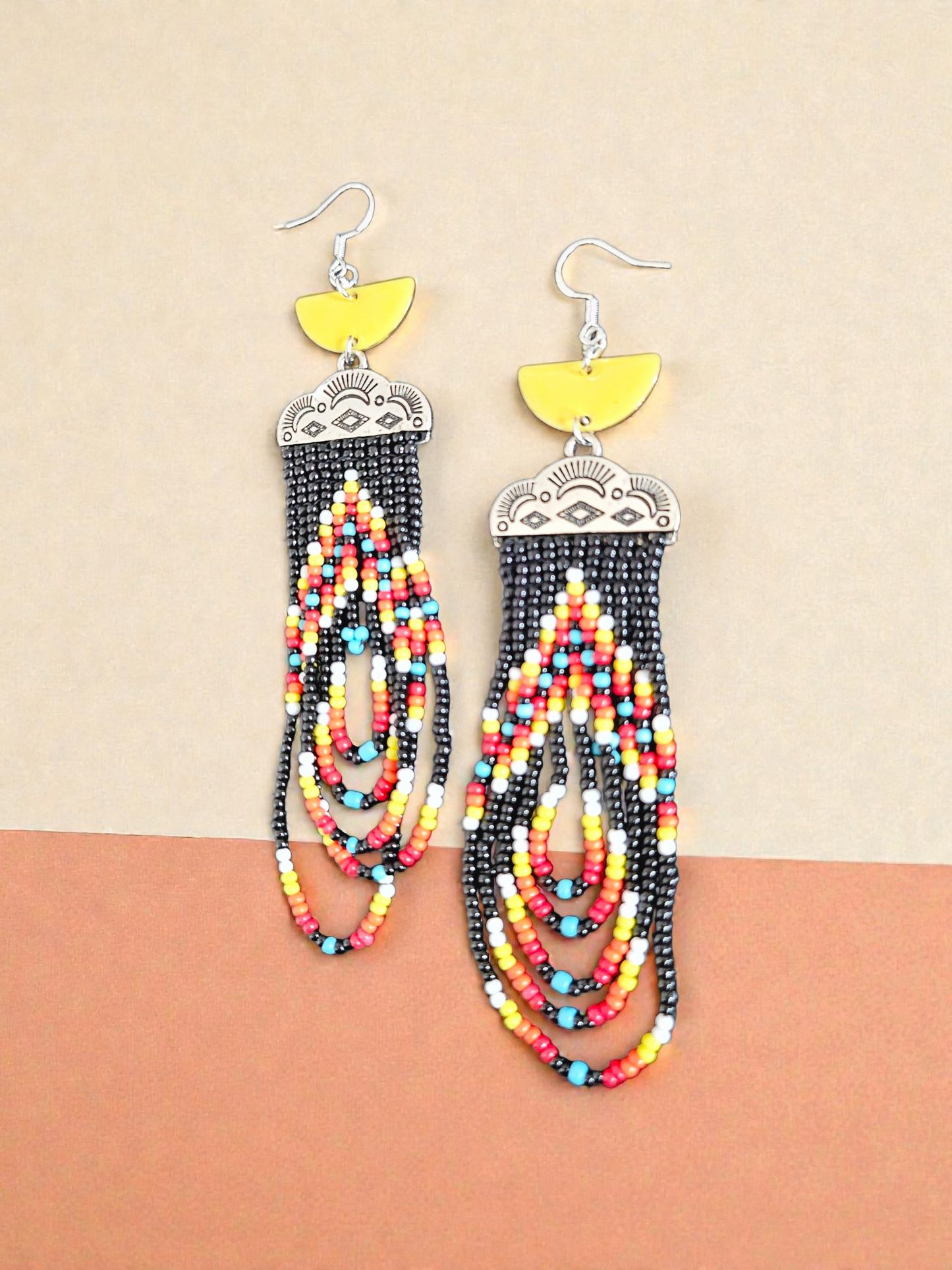 Colorful Western Beading on Sunny Yellow Dangle Earrings