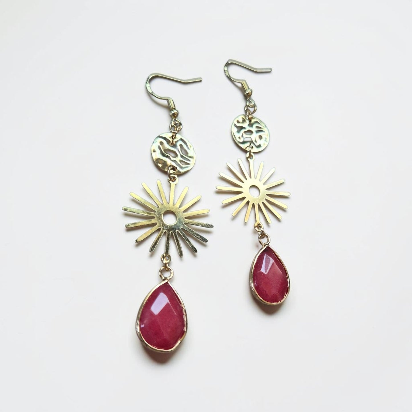 Golden Suns with Rhodochrosite Teardrops Golden Dangle Earrings