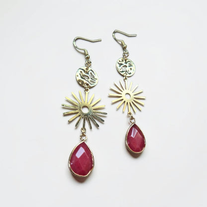 Golden Suns with Rhodochrosite Teardrops Golden Dangle Earrings