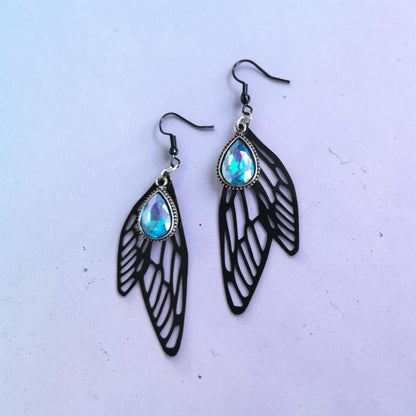 Black Moth Wings with Iridescent Gems Dangle Earrings