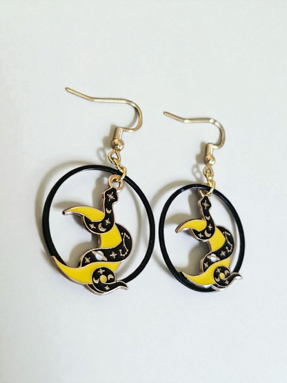 Snakes And Moons Black And Yellow Dangle Earrings For Bold Edgy Style Statement Jewelry Gift Idea
