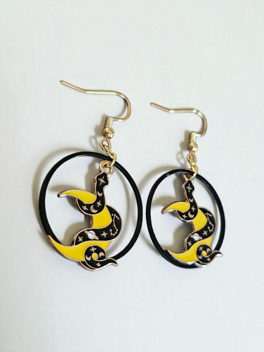 Snakes And Moons Black And Yellow Dangle Earrings For Bold Edgy Style Statement Jewelry Gift Idea