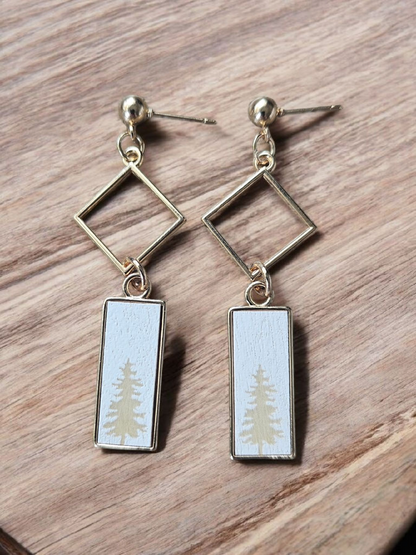 Gold and White Pine Trees on Gold Stud Dangle