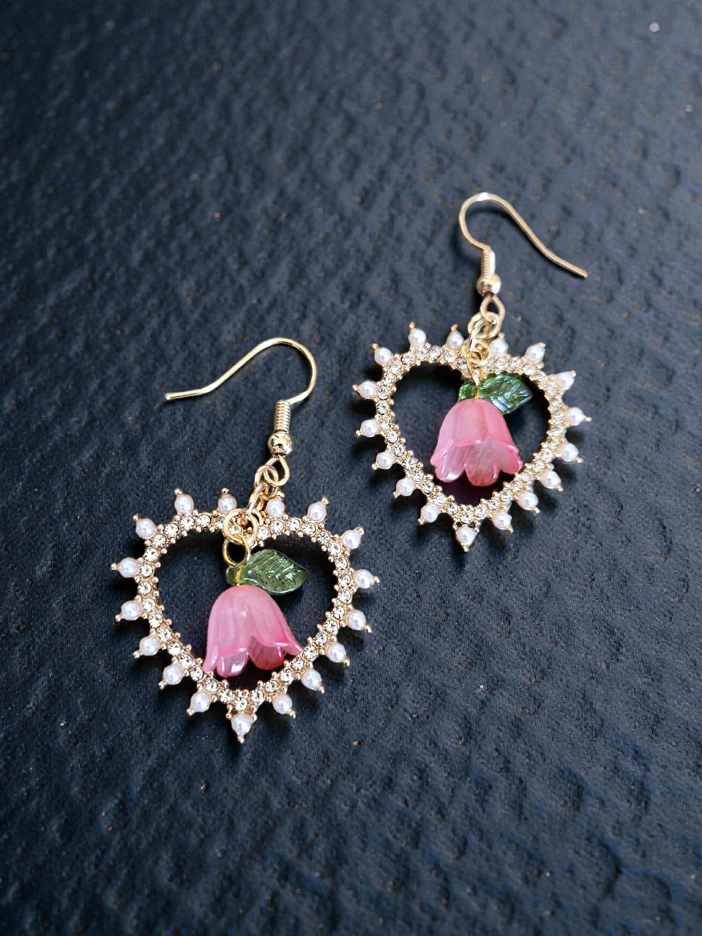 Shimmering Hearts and Pink Flower Charms Dangle Earrings