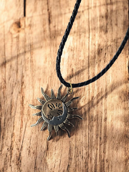 Two Face Sun and Moon Braided Leather 16" Necklace