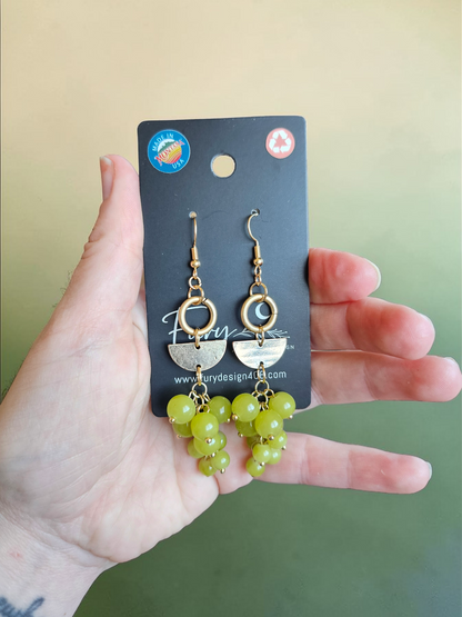 Upcycled Green Bead Clusters on Golden Geometric Dangle Earrings