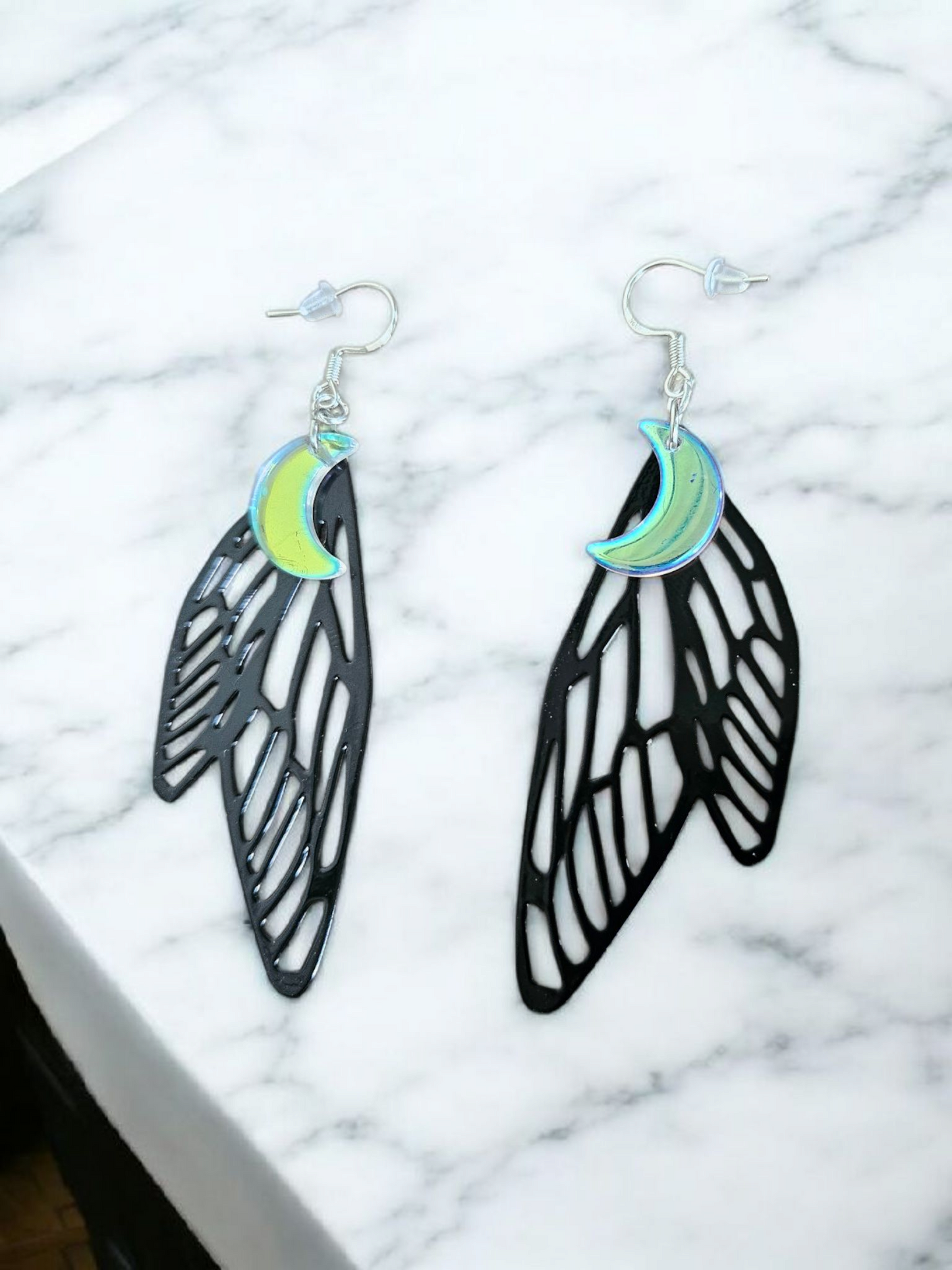Black Moth Wings Dangle Earrings With Iridescent Moon Charms For Women Gothic Jewelry