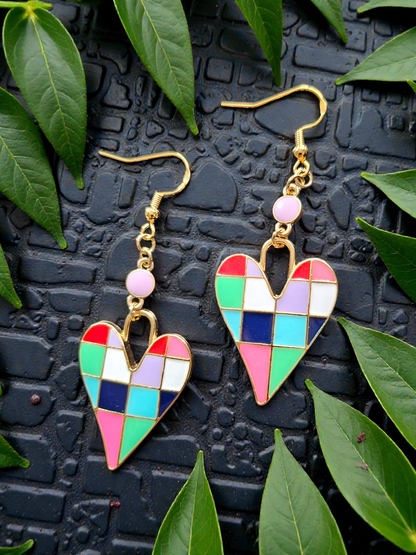 Retro Vibe Multicolored Hearts Upcycled Dangle Earrings