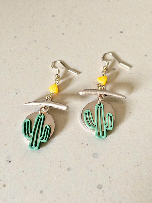 Upcycled Golden Abstract Dangles with Green Cactus Charm Earrings