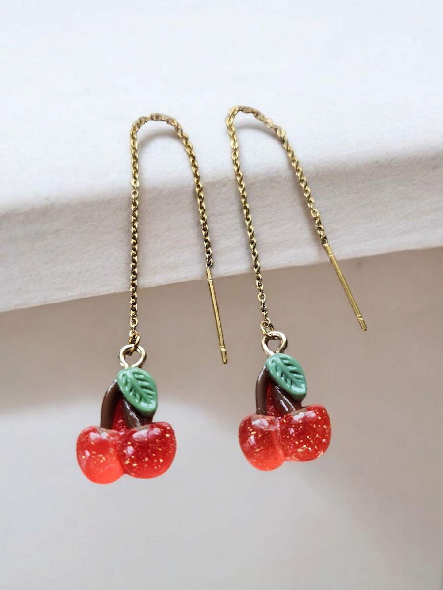 Cherry Threader Earrings on Gold