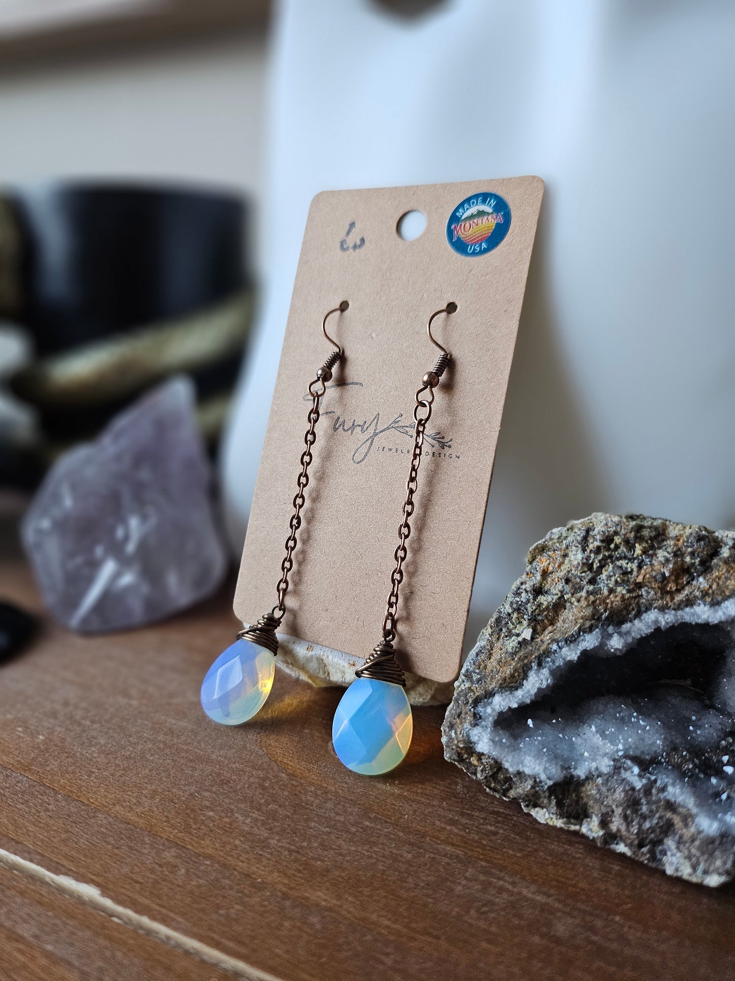 Upcycled Copper and Moonstone Teardrop Dangle Earrings