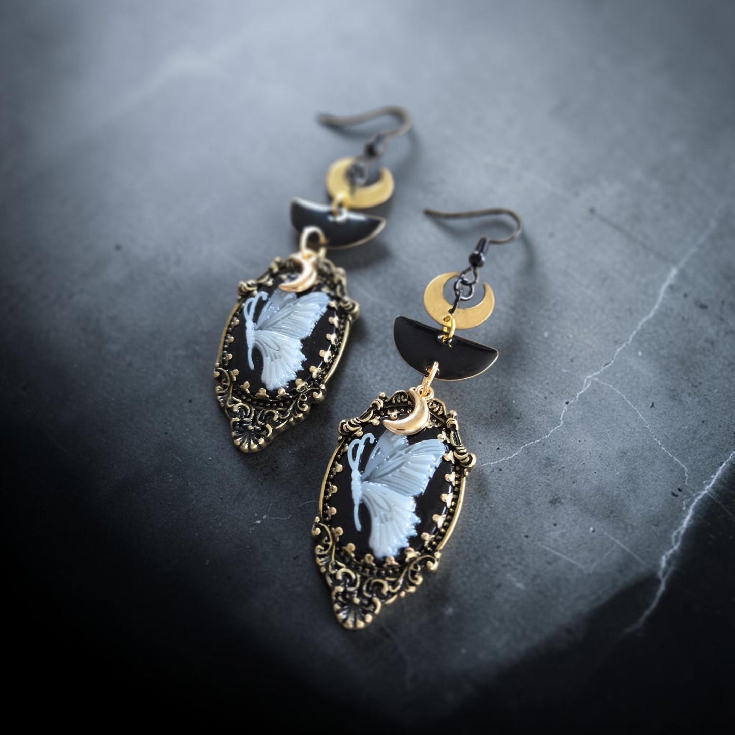 Black and Gold Moths and Moons Dangle Earrings
