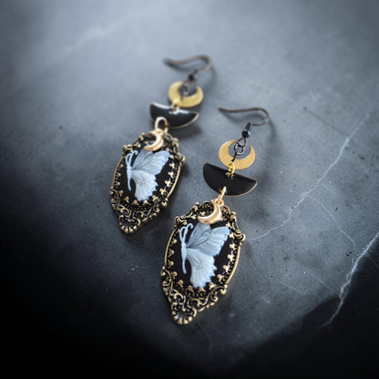 Black and Gold Moths and Moons Dangle Earrings