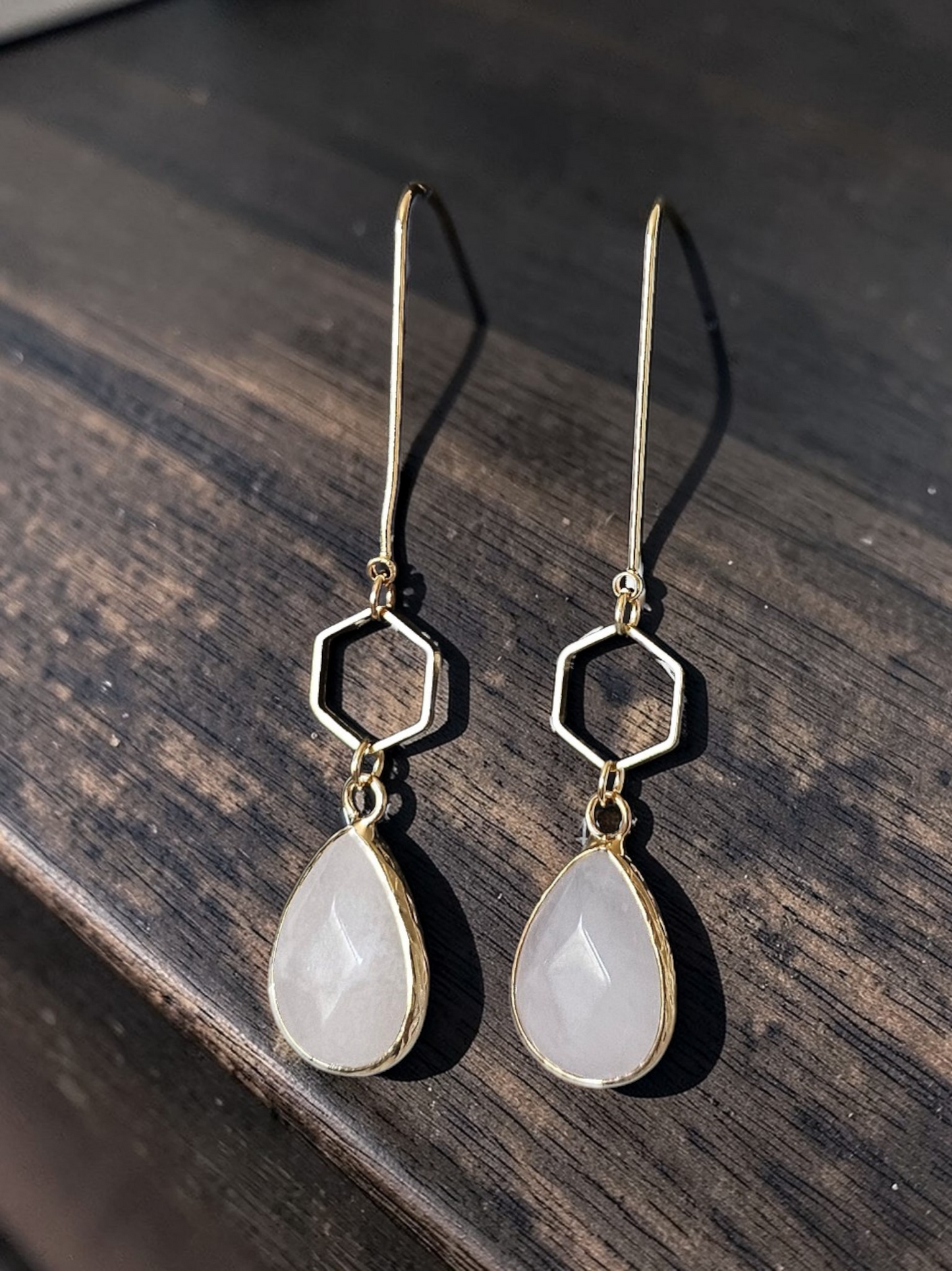 Teardrop Gemstones and Hexagons on Golden U-shaped Earrings