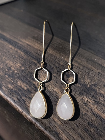 Teardrop Gemstones and Hexagons on Golden U-shaped Earrings