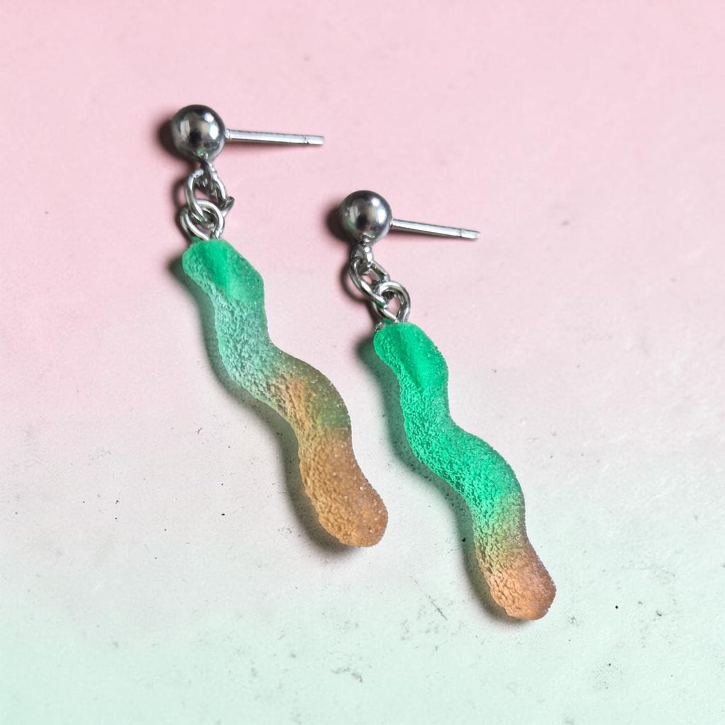 Gummy Worms on Silver Stud Earrings