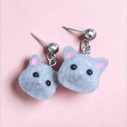Fuzzy Cat Dangle Earrings on Silver Studs