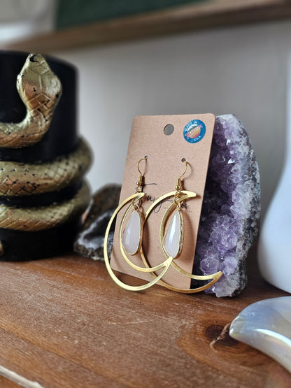 Large Brass Moons with Rose Quartz Teardrop Dangle Earrings