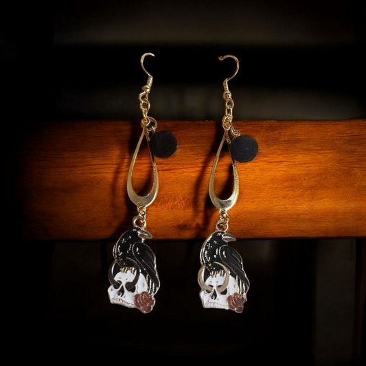 Gold and Black Raven Rose Dangle Earrings