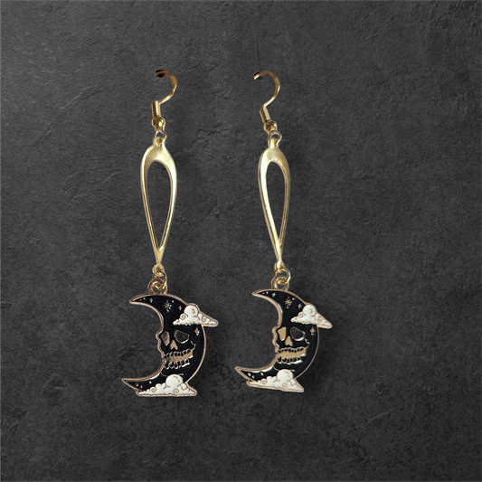 Haunted Moon Gold and Black Dangle Earrings