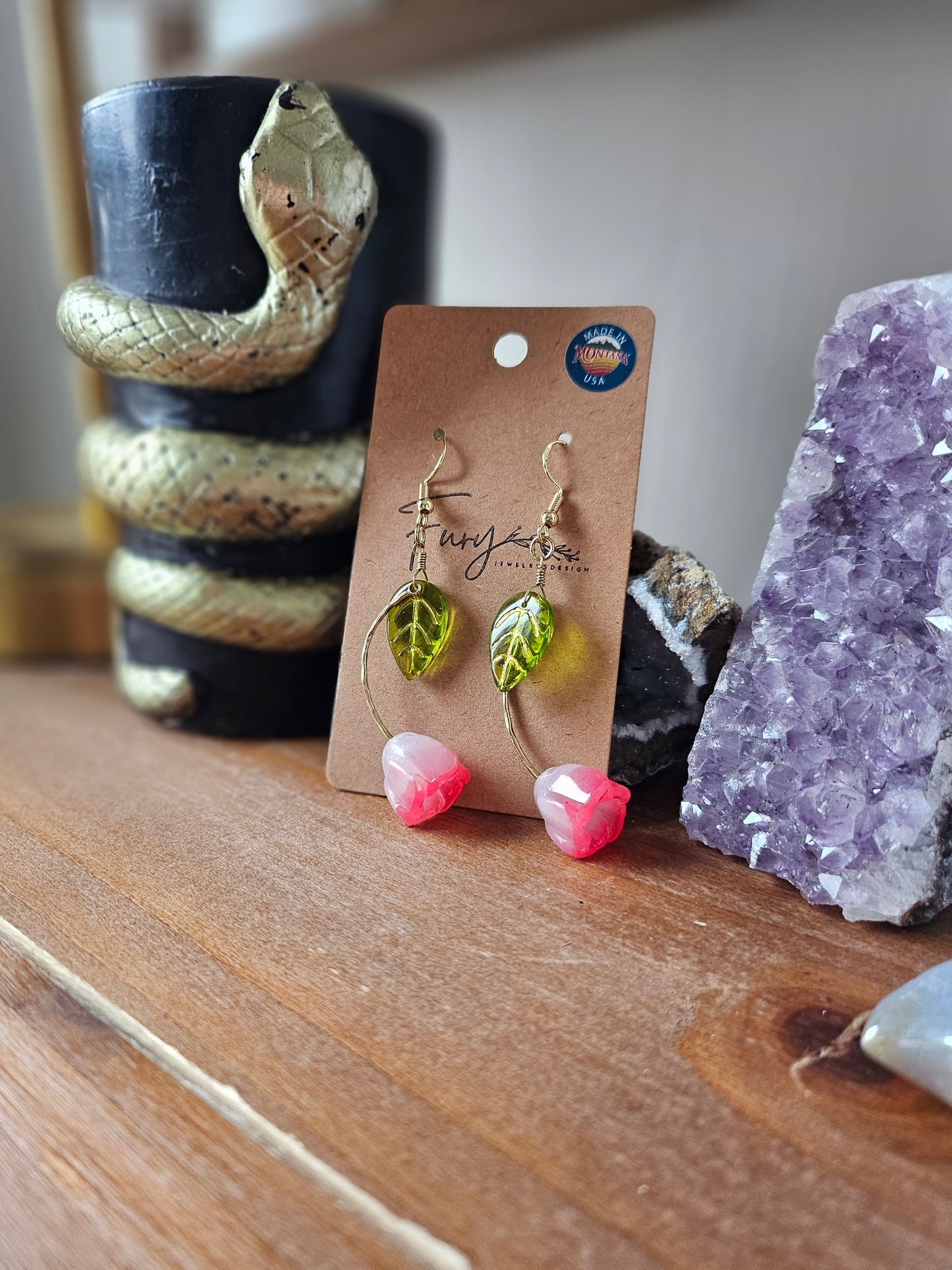 Glass Pink Tulip with Green Leaf Dangle Earrings